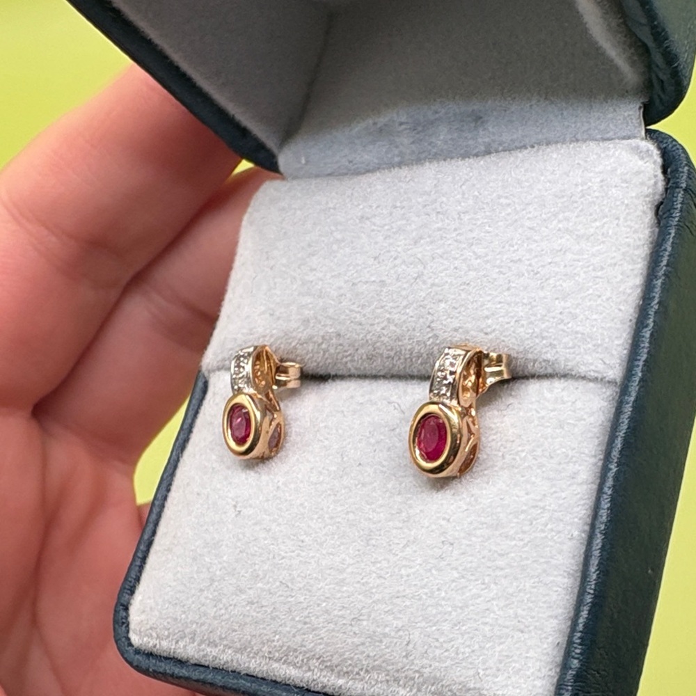 Genuine Ruby and Diamond Chip 14K Gold Stud Earrings - Picture 3 of 9
